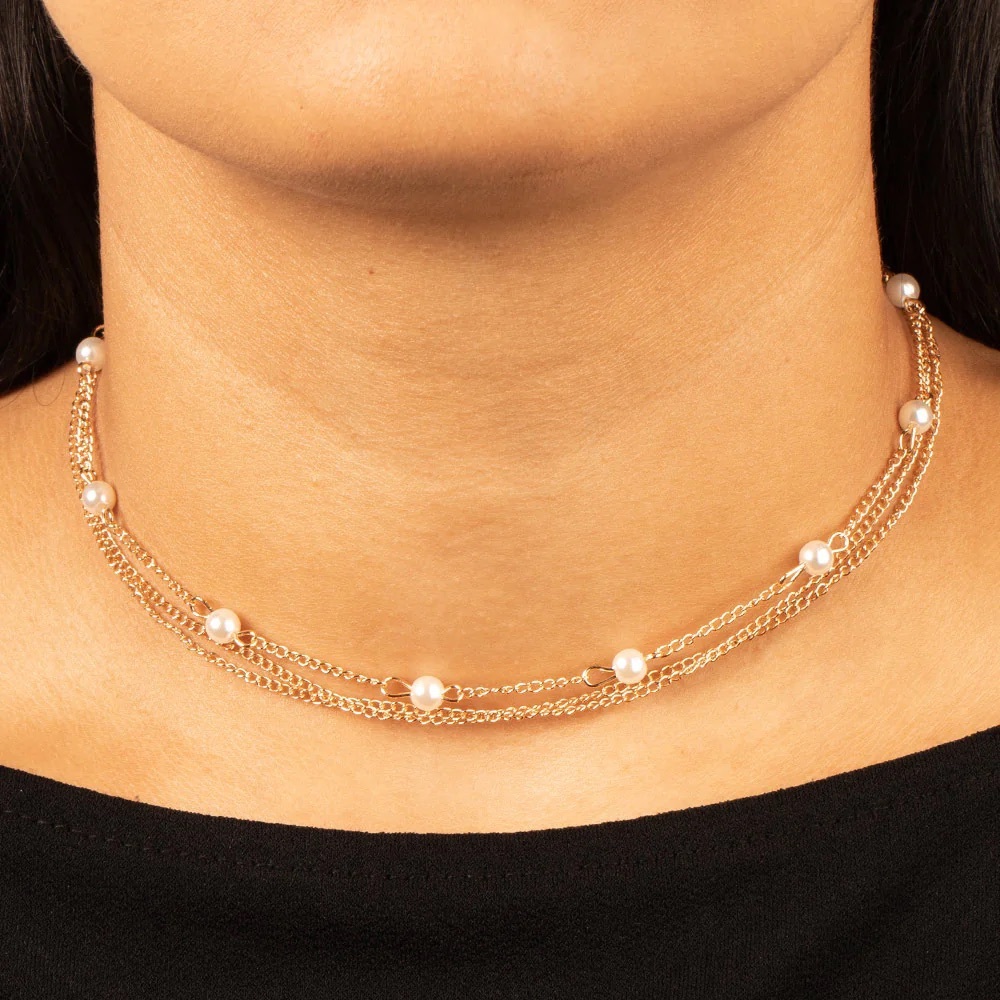 NEW Boutique Gold & White Pearl 2 Tier Layer Choker Necklace Fashion Jewelry